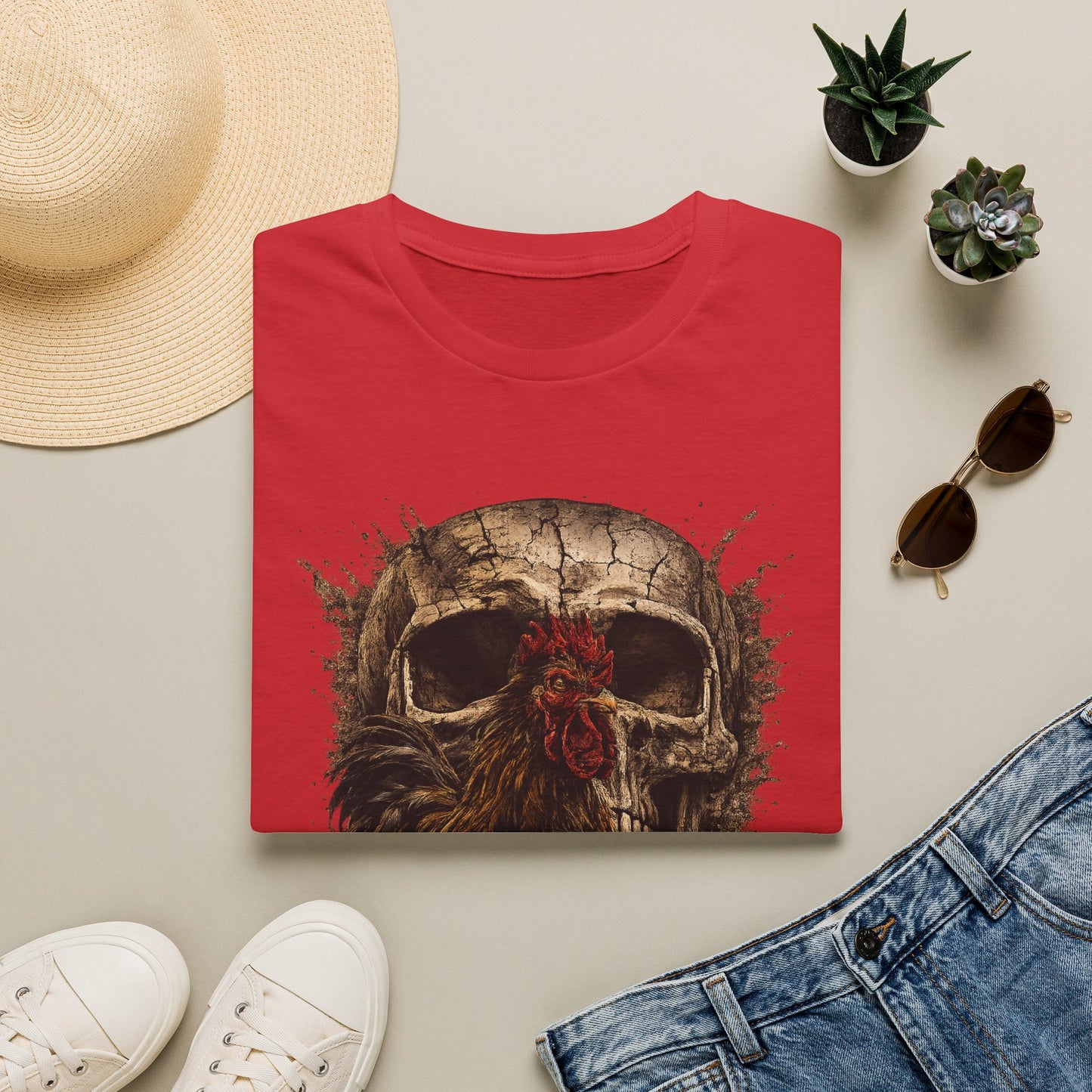 Grunge Skull with Red Rosette T-Shirt | Distressed Skull Illustration