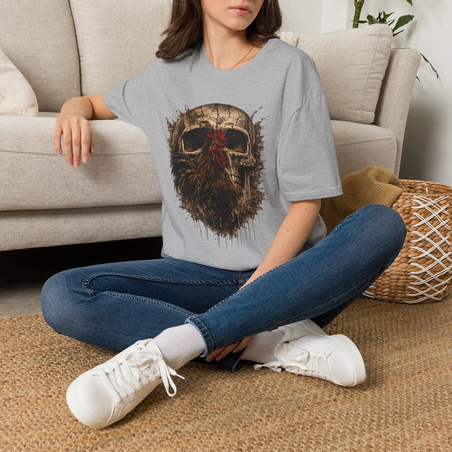 Grunge Skull with Red Rosette T-Shirt | Distressed Skull Illustration
