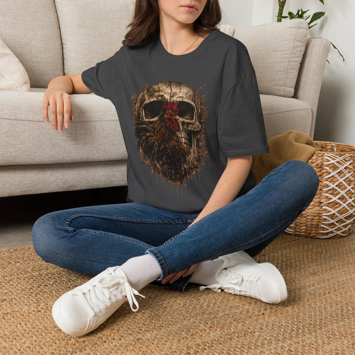Grunge Skull with Red Rosette T-Shirt | Distressed Skull Illustration