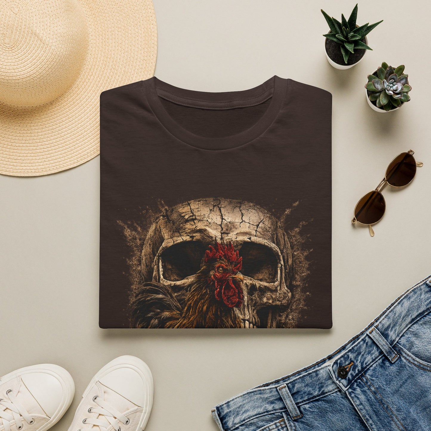 Grunge Skull with Red Rosette T-Shirt | Distressed Skull Illustration