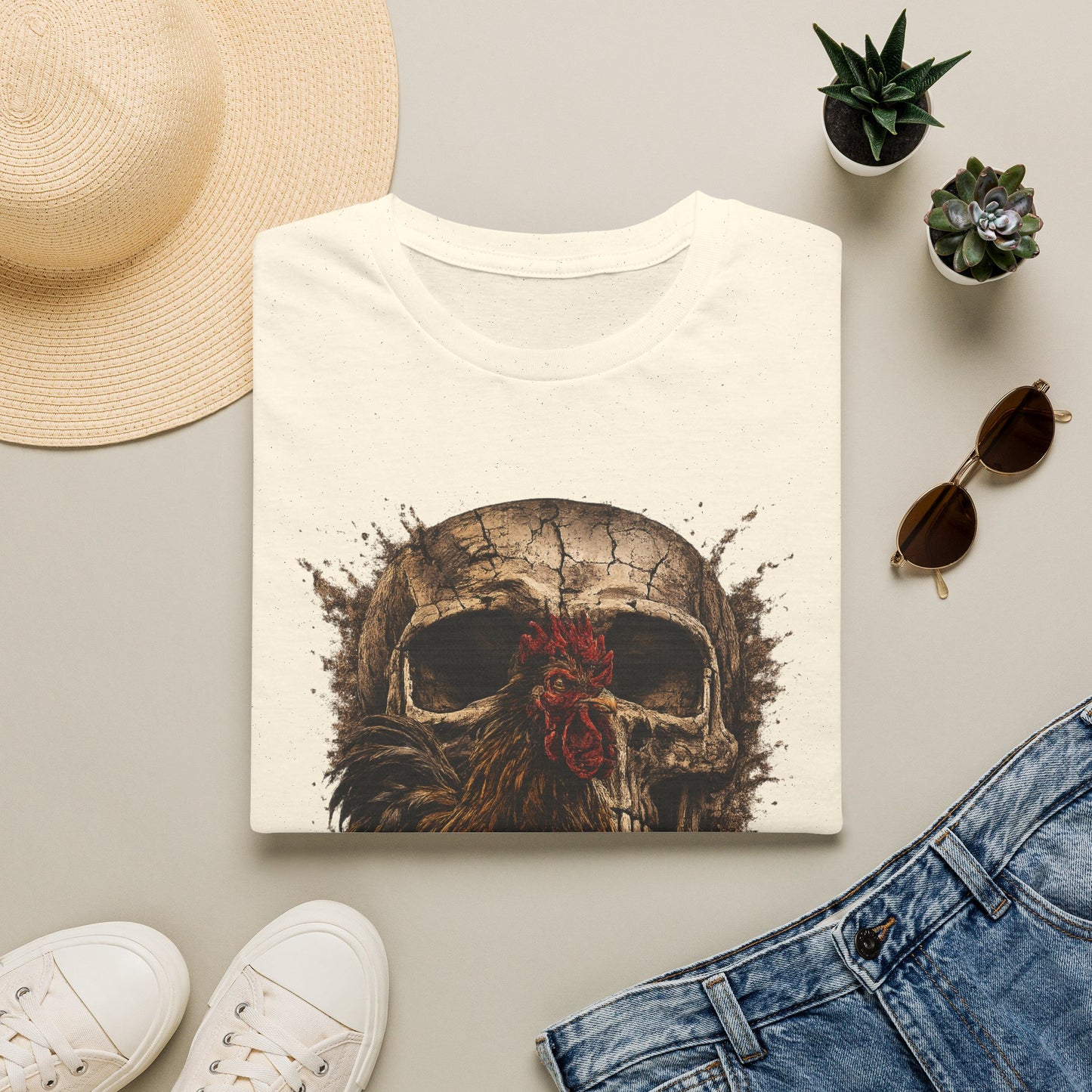 Grunge Skull with Red Rosette T-Shirt | Distressed Skull Illustration