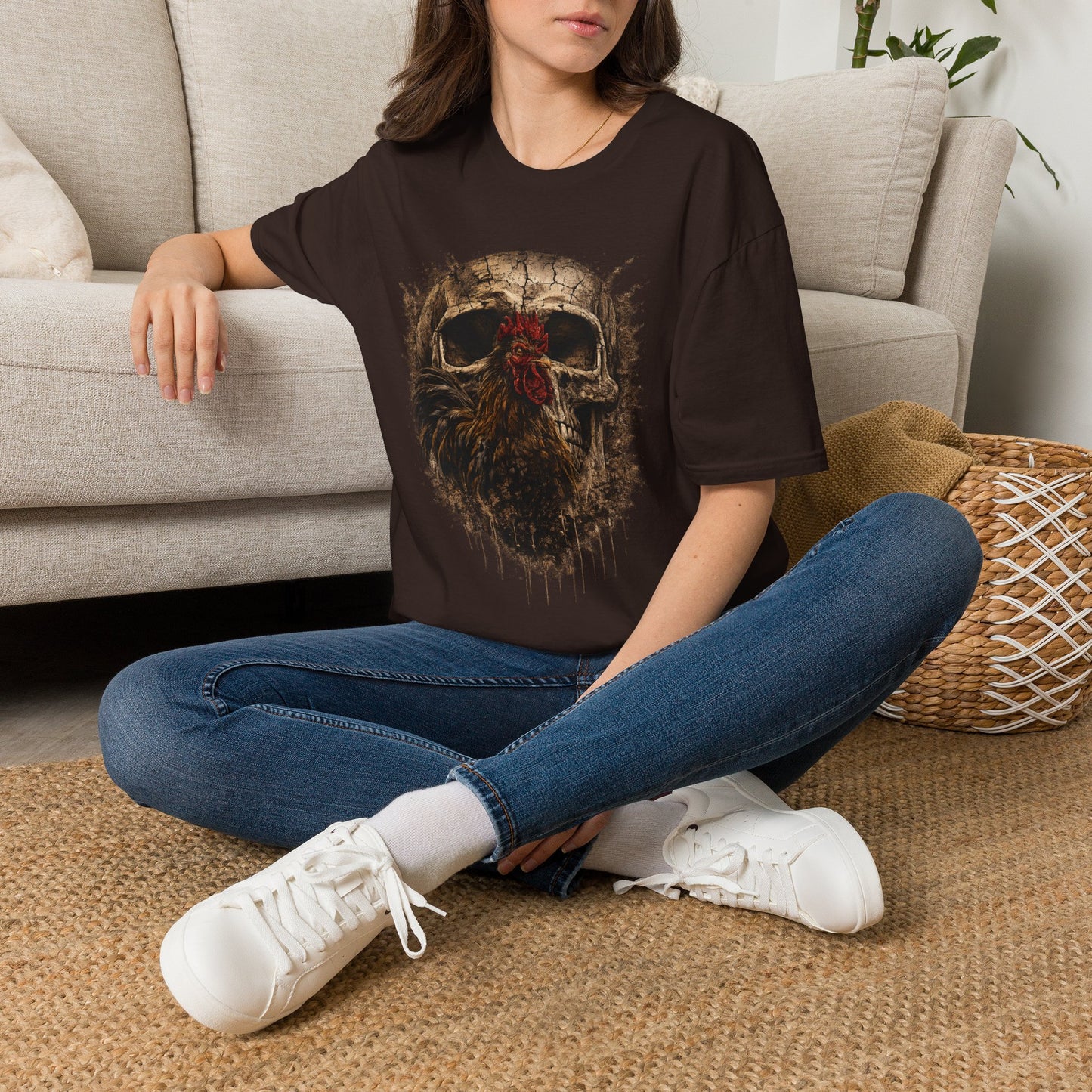Grunge Skull with Red Rosette T-Shirt | Distressed Skull Illustration
