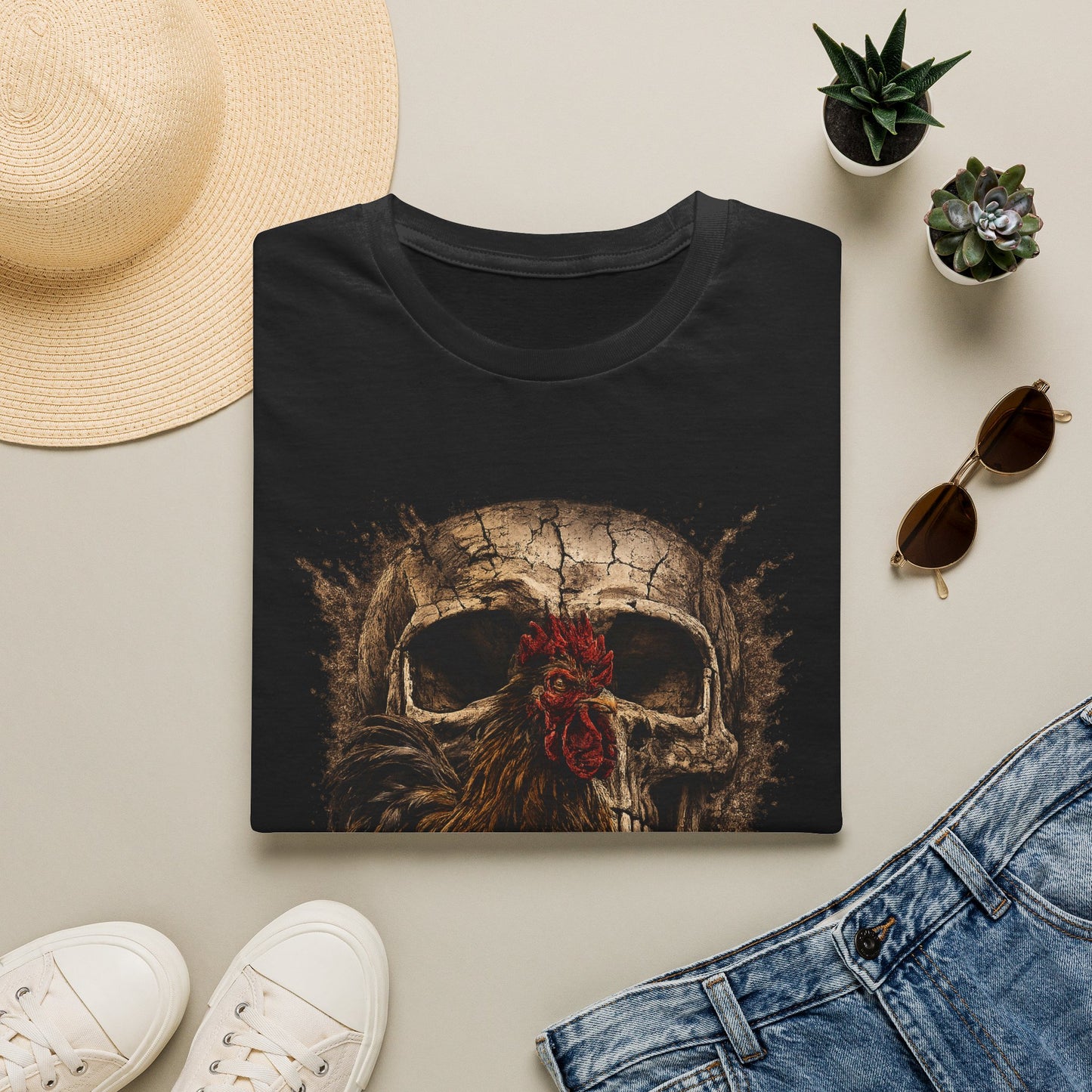 Grunge Skull with Red Rosette T-Shirt | Distressed Skull Illustration