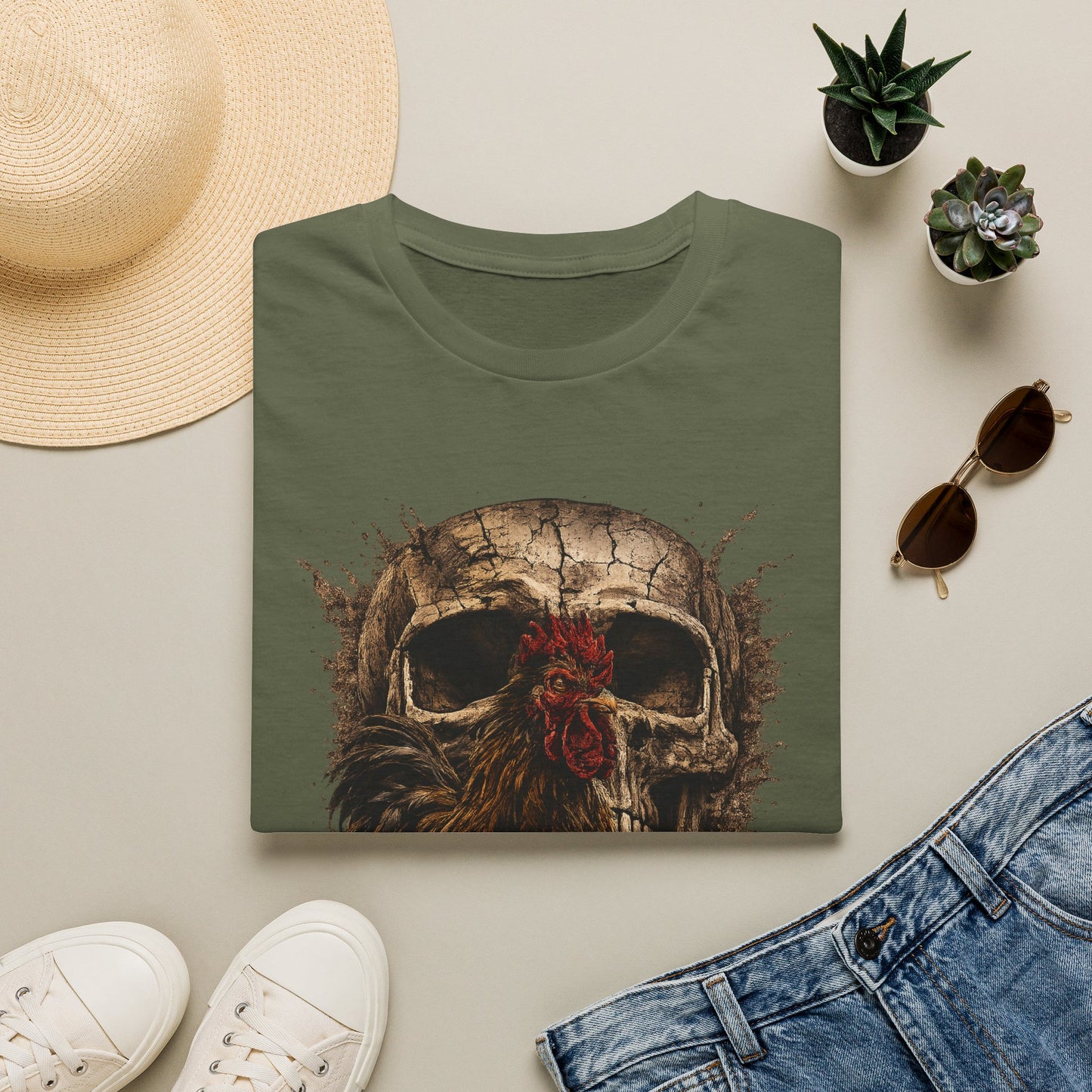 Grunge Skull with Red Rosette T-Shirt | Distressed Skull Illustration