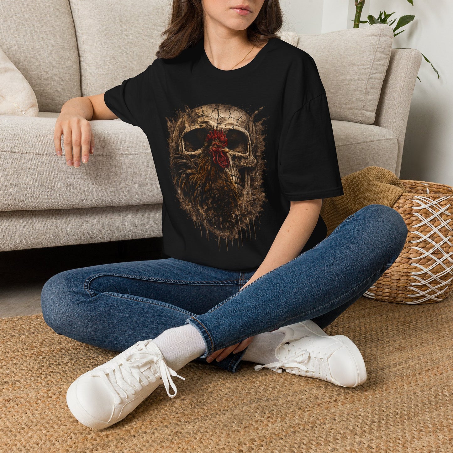 Grunge Skull with Red Rosette T-Shirt | Distressed Skull Illustration