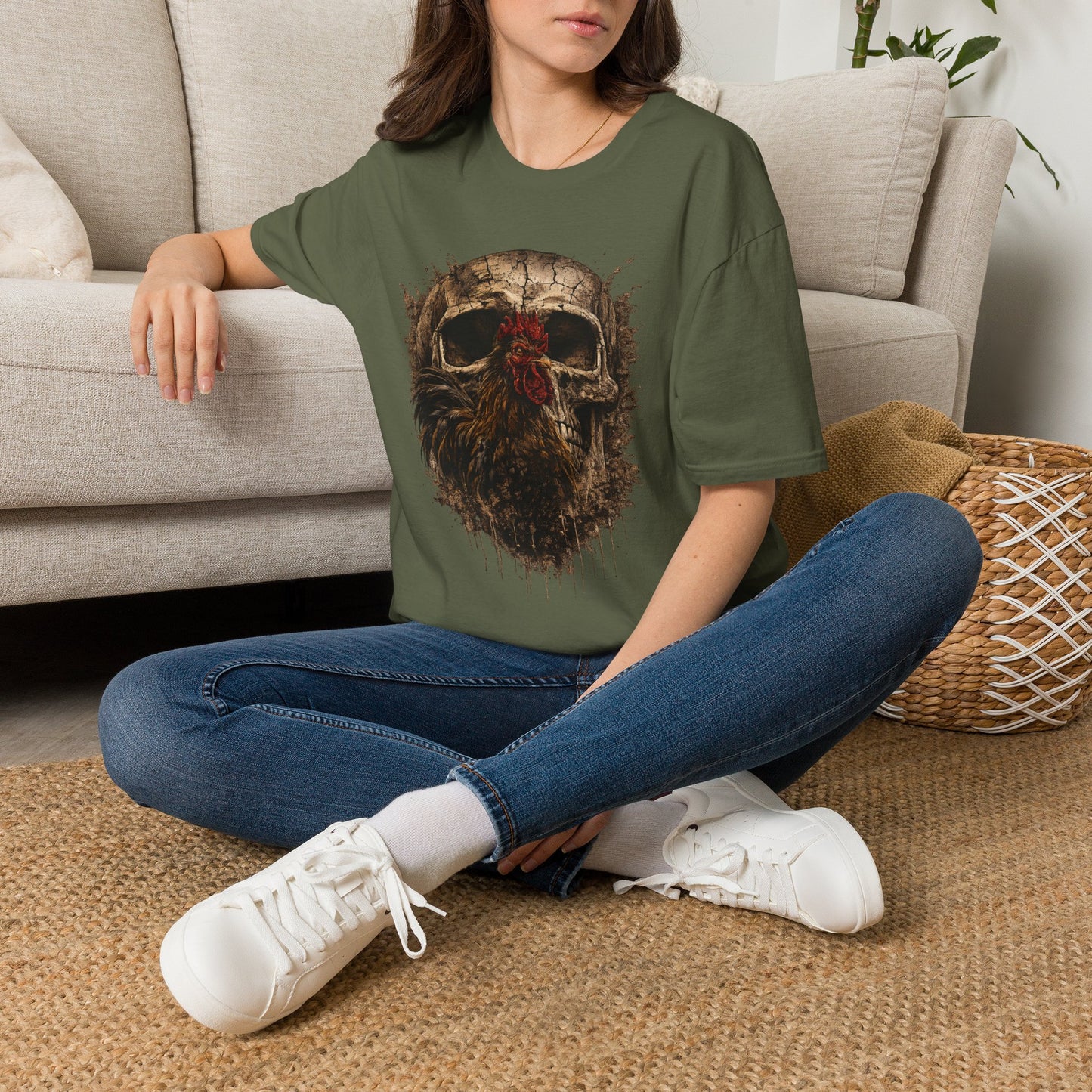 Grunge Skull with Red Rosette T-Shirt | Distressed Skull Illustration