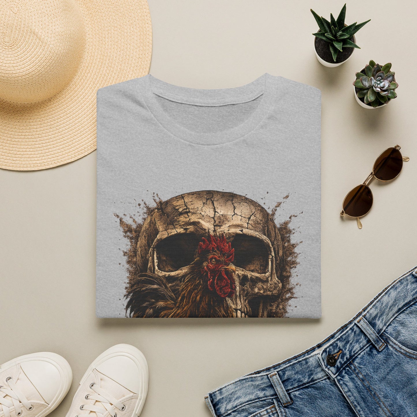 Grunge Skull with Red Rosette T-Shirt | Distressed Skull Illustration