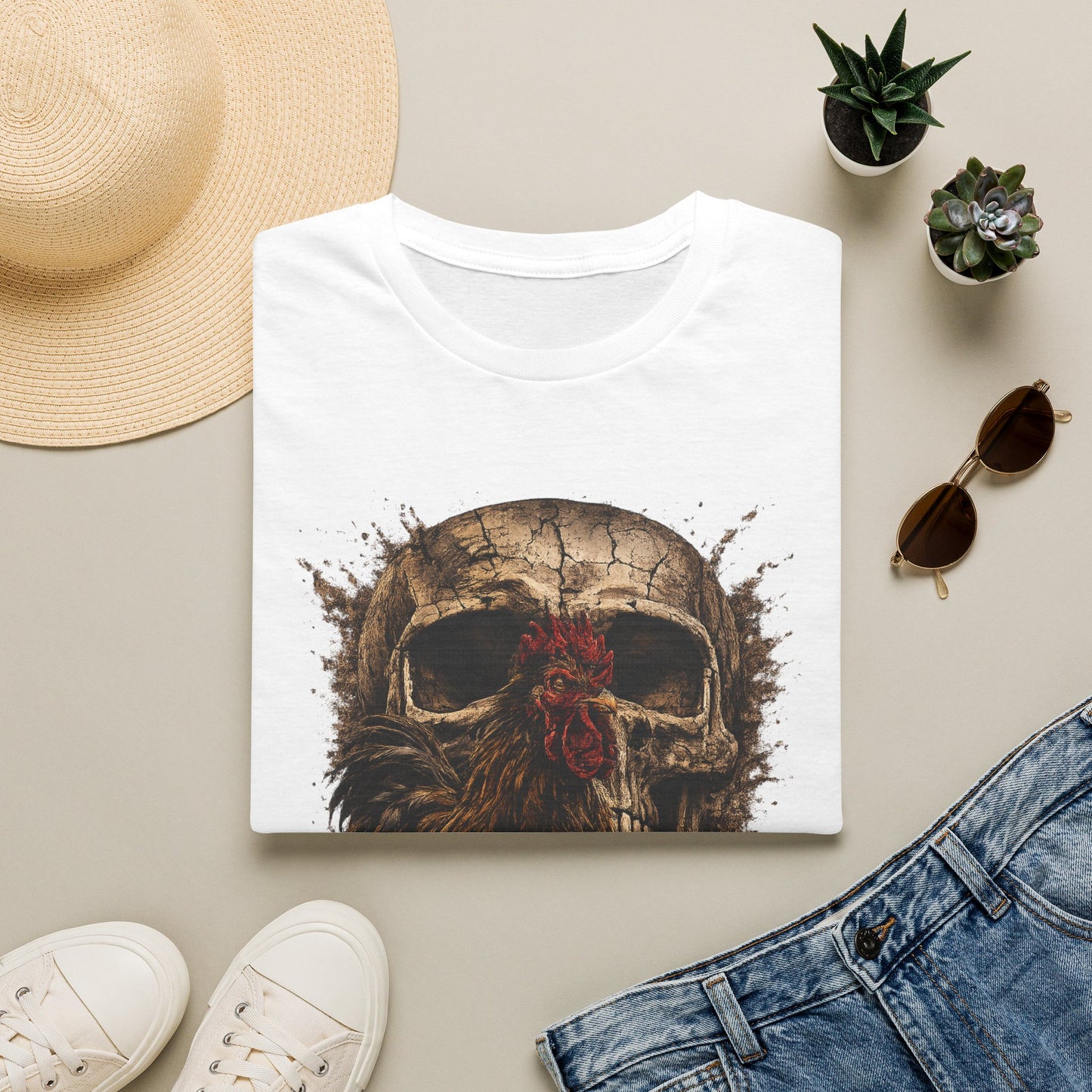 Grunge Skull with Red Rosette T-Shirt | Distressed Skull Illustration