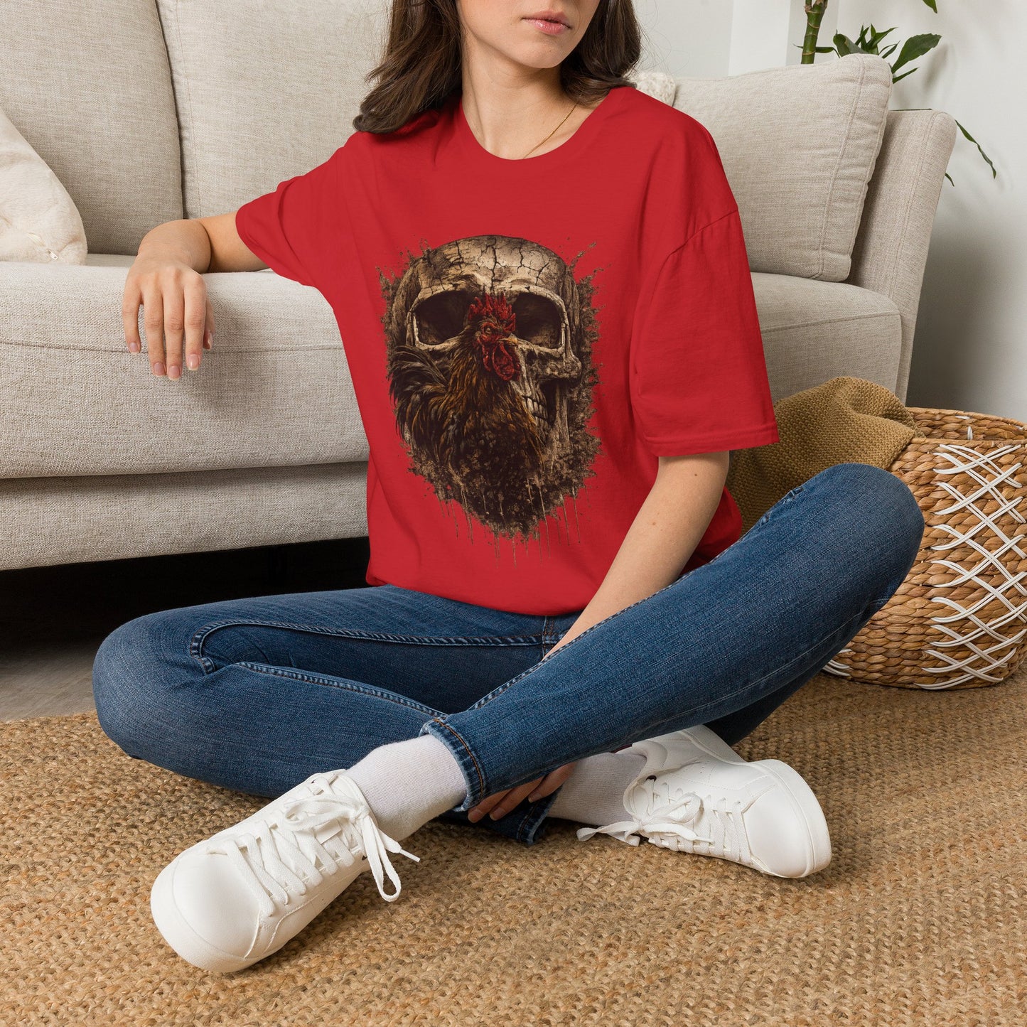 Grunge Skull with Red Rosette T-Shirt | Distressed Skull Illustration