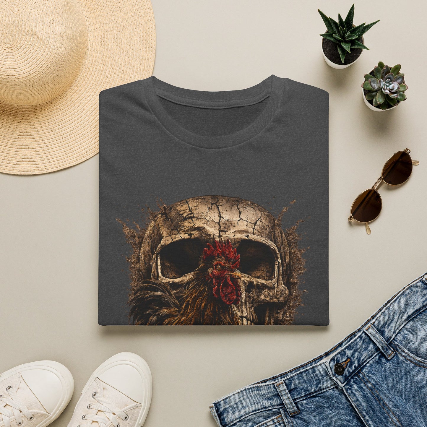 Grunge Skull with Red Rosette T-Shirt | Distressed Skull Illustration