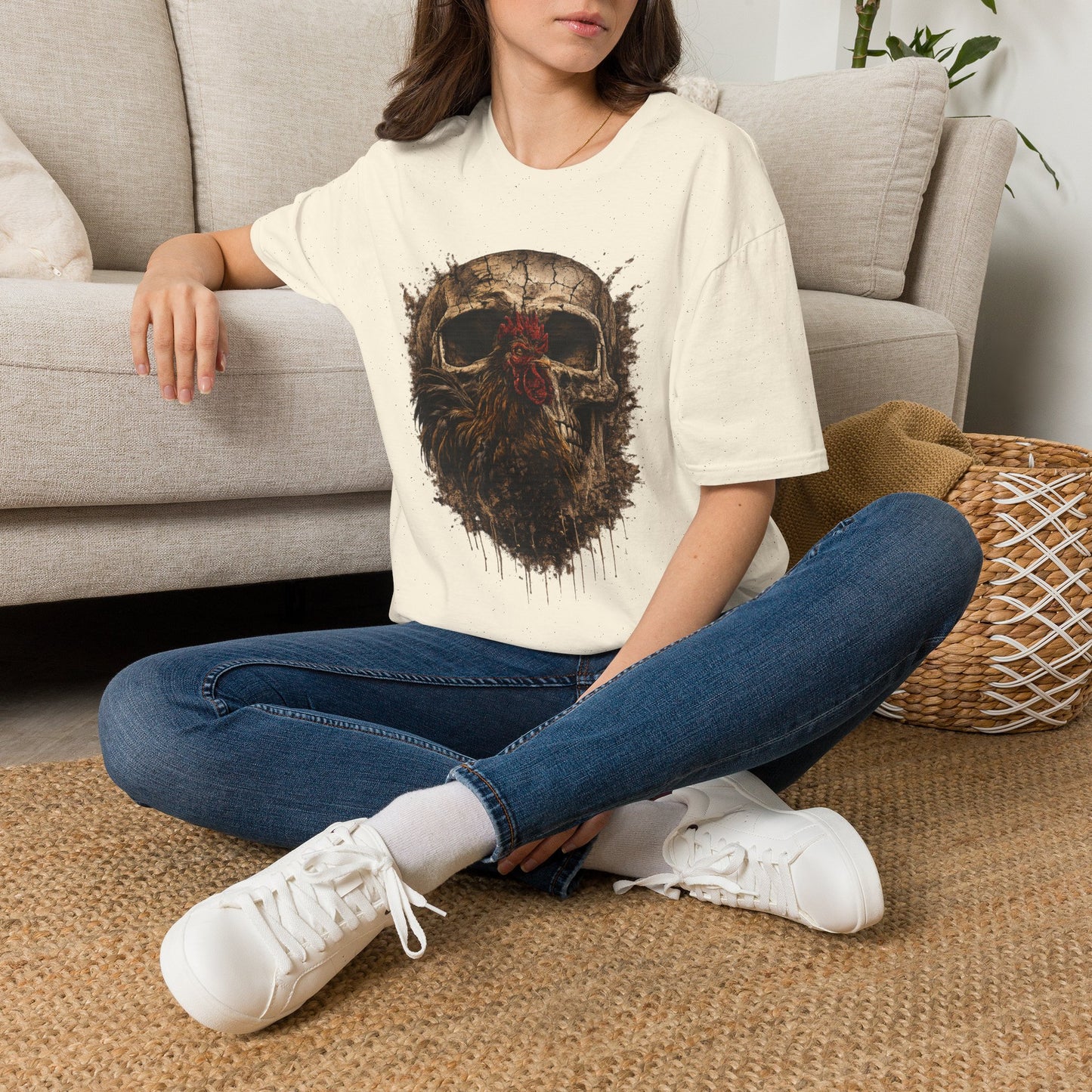 Grunge Skull with Red Rosette T-Shirt | Distressed Skull Illustration